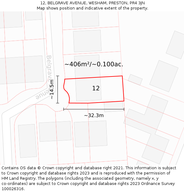 12, BELGRAVE AVENUE, WESHAM, PRESTON, PR4 3JN: Plot and title map