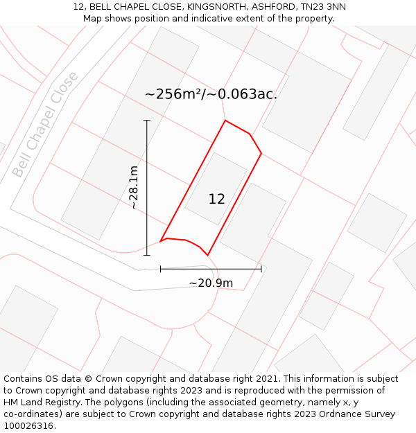 12, BELL CHAPEL CLOSE, KINGSNORTH, ASHFORD, TN23 3NN: Plot and title map