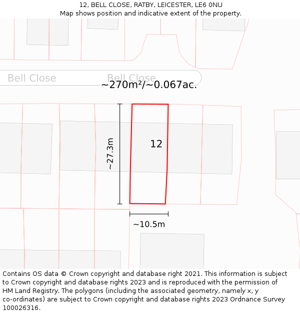 12, BELL CLOSE, RATBY, LEICESTER, LE6 0NU: Plot and title map