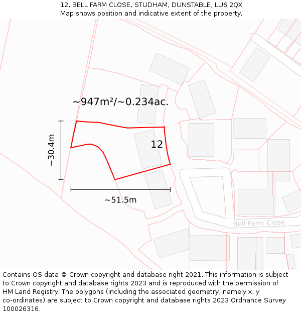 12, BELL FARM CLOSE, STUDHAM, DUNSTABLE, LU6 2QX: Plot and title map