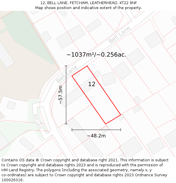 12, BELL LANE, FETCHAM, LEATHERHEAD, KT22 9NF: Plot and title map