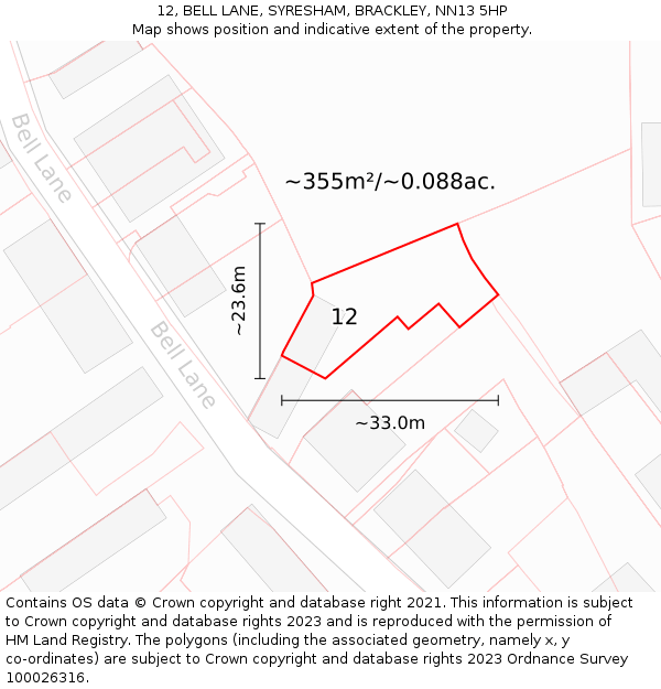 12, BELL LANE, SYRESHAM, BRACKLEY, NN13 5HP: Plot and title map