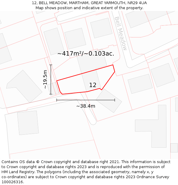 12, BELL MEADOW, MARTHAM, GREAT YARMOUTH, NR29 4UA: Plot and title map