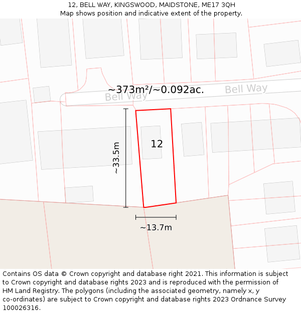 12, BELL WAY, KINGSWOOD, MAIDSTONE, ME17 3QH: Plot and title map