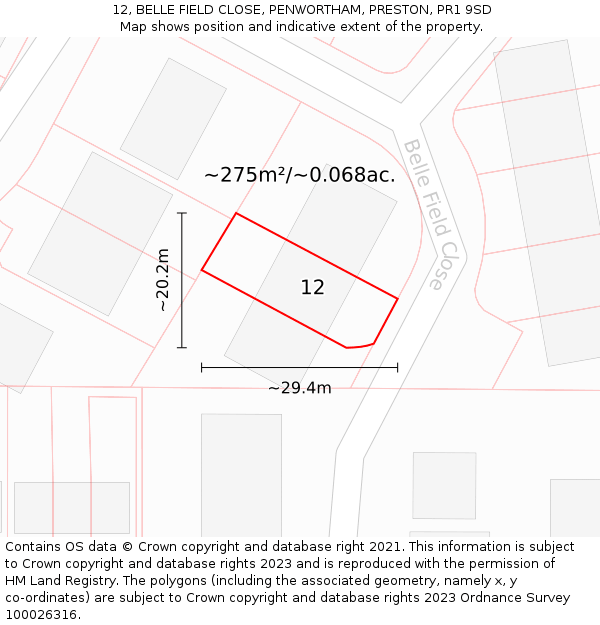 12, BELLE FIELD CLOSE, PENWORTHAM, PRESTON, PR1 9SD: Plot and title map