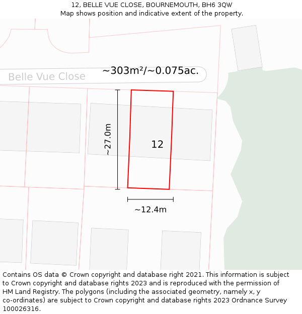 12, BELLE VUE CLOSE, BOURNEMOUTH, BH6 3QW: Plot and title map