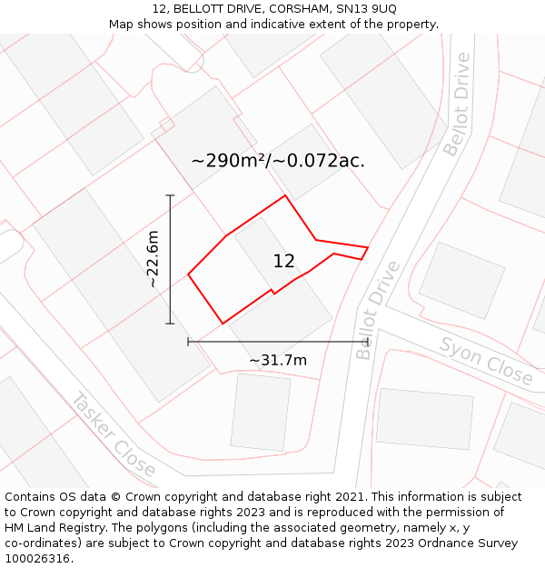 12, BELLOTT DRIVE, CORSHAM, SN13 9UQ: Plot and title map