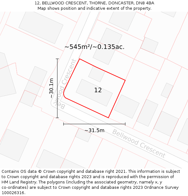 12, BELLWOOD CRESCENT, THORNE, DONCASTER, DN8 4BA: Plot and title map
