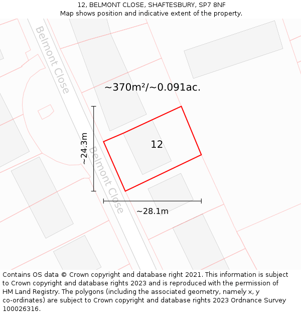 12, BELMONT CLOSE, SHAFTESBURY, SP7 8NF: Plot and title map
