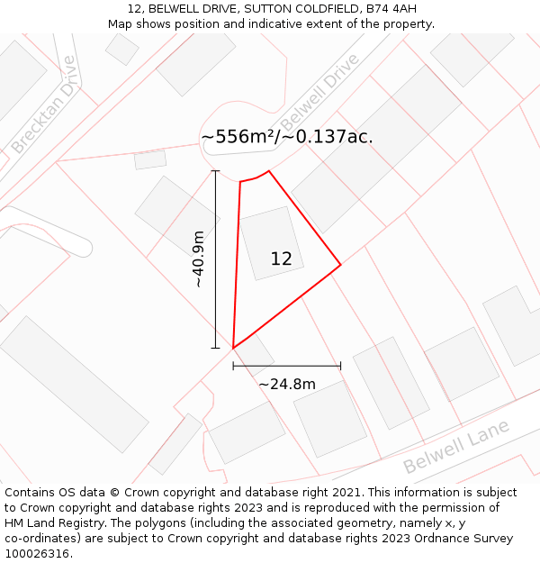 12, BELWELL DRIVE, SUTTON COLDFIELD, B74 4AH: Plot and title map