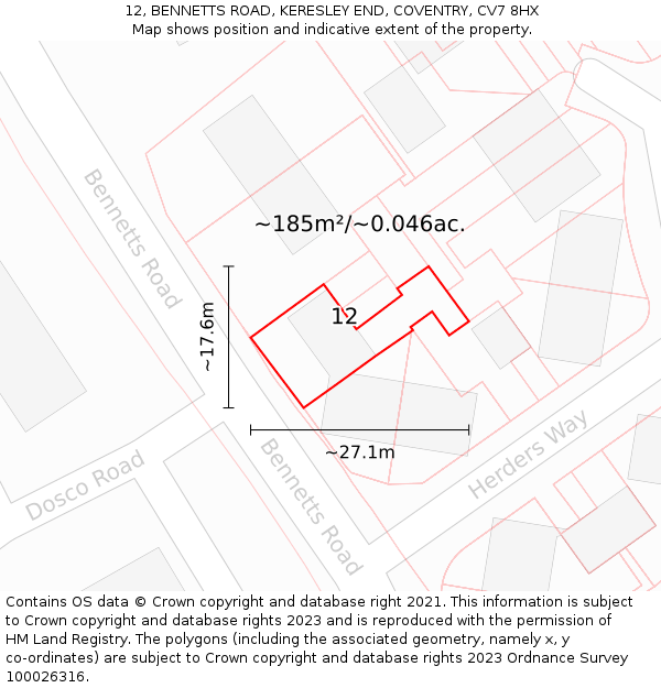 12, BENNETTS ROAD, KERESLEY END, COVENTRY, CV7 8HX: Plot and title map