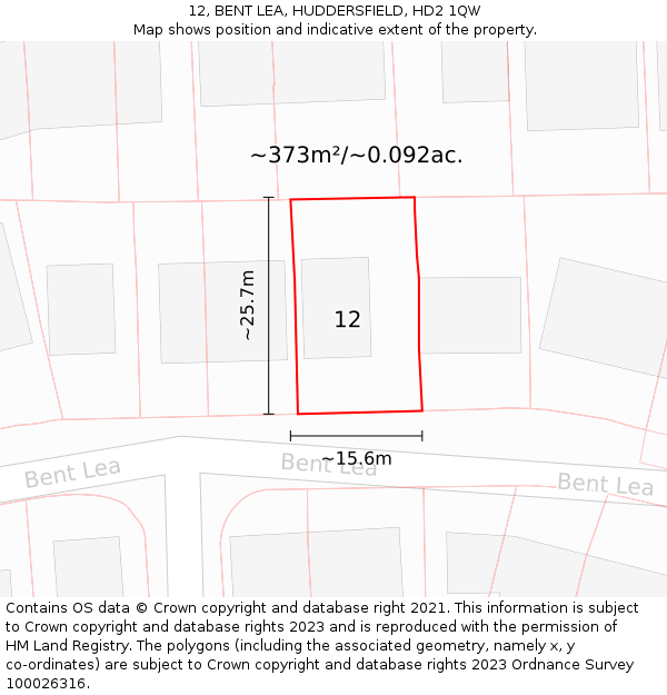 12, BENT LEA, HUDDERSFIELD, HD2 1QW: Plot and title map