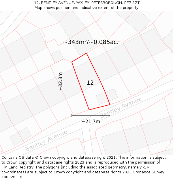 12, BENTLEY AVENUE, YAXLEY, PETERBOROUGH, PE7 3ZT: Plot and title map