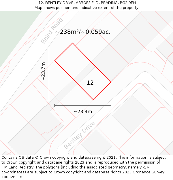 12, BENTLEY DRIVE, ARBORFIELD, READING, RG2 9FH: Plot and title map