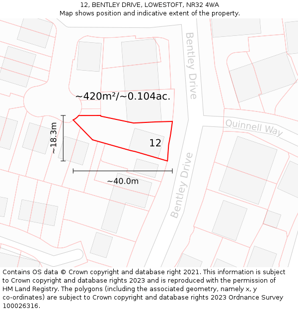 12, BENTLEY DRIVE, LOWESTOFT, NR32 4WA: Plot and title map