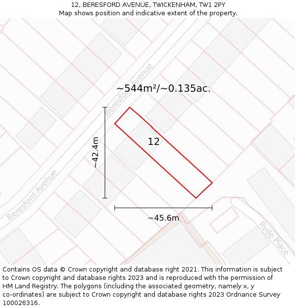 12, BERESFORD AVENUE, TWICKENHAM, TW1 2PY: Plot and title map