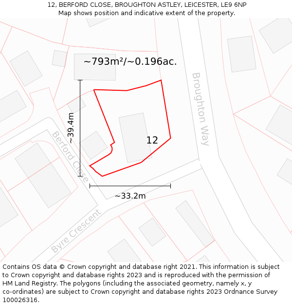 12, BERFORD CLOSE, BROUGHTON ASTLEY, LEICESTER, LE9 6NP: Plot and title map