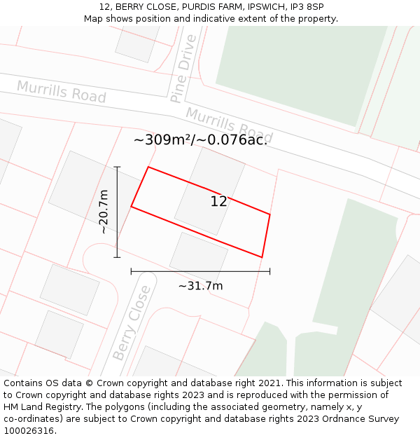 12, BERRY CLOSE, PURDIS FARM, IPSWICH, IP3 8SP: Plot and title map