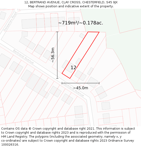 12, BERTRAND AVENUE, CLAY CROSS, CHESTERFIELD, S45 9JX: Plot and title map