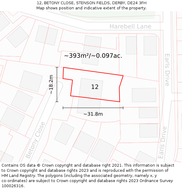 12, BETONY CLOSE, STENSON FIELDS, DERBY, DE24 3FH: Plot and title map