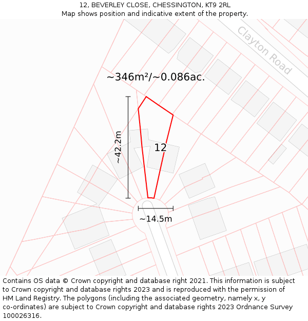 12, BEVERLEY CLOSE, CHESSINGTON, KT9 2RL: Plot and title map