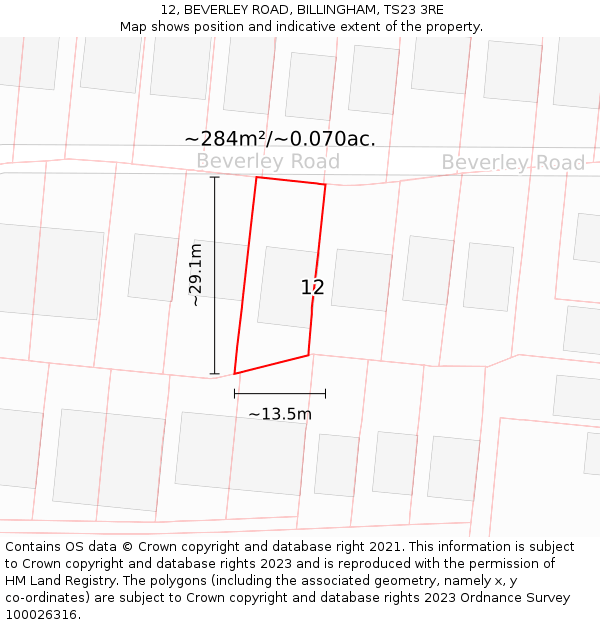 12, BEVERLEY ROAD, BILLINGHAM, TS23 3RE: Plot and title map