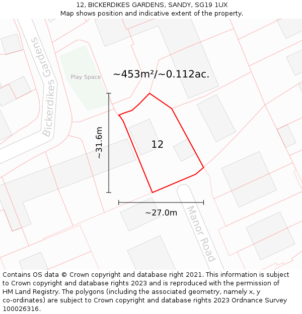 12, BICKERDIKES GARDENS, SANDY, SG19 1UX: Plot and title map