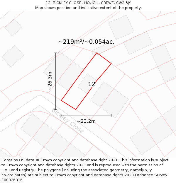 12, BICKLEY CLOSE, HOUGH, CREWE, CW2 5JY: Plot and title map