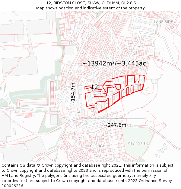 12, BIDSTON CLOSE, SHAW, OLDHAM, OL2 8JS: Plot and title map