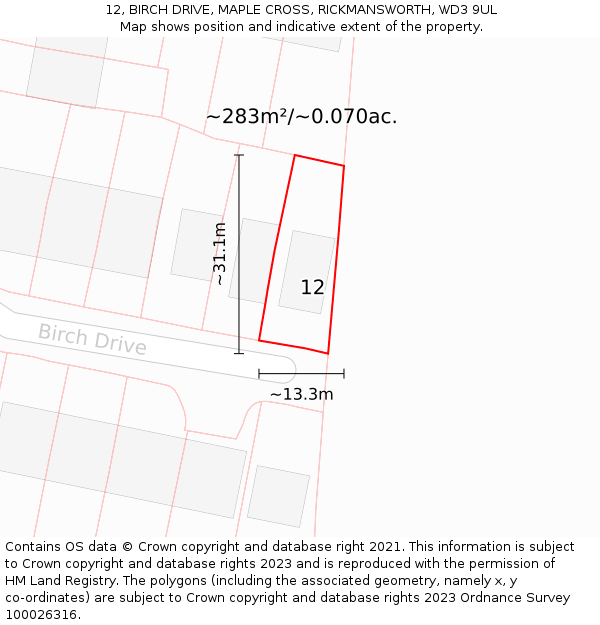 12, BIRCH DRIVE, MAPLE CROSS, RICKMANSWORTH, WD3 9UL: Plot and title map