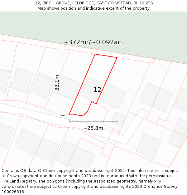 12, BIRCH GROVE, FELBRIDGE, EAST GRINSTEAD, RH19 2TS: Plot and title map