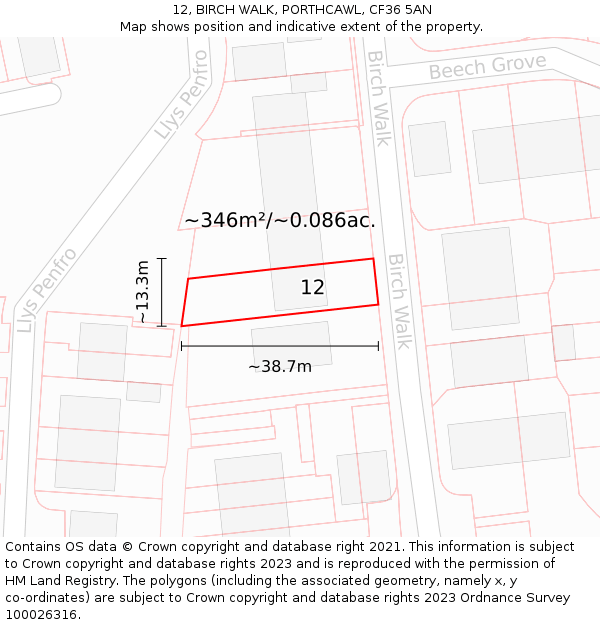 12, BIRCH WALK, PORTHCAWL, CF36 5AN: Plot and title map