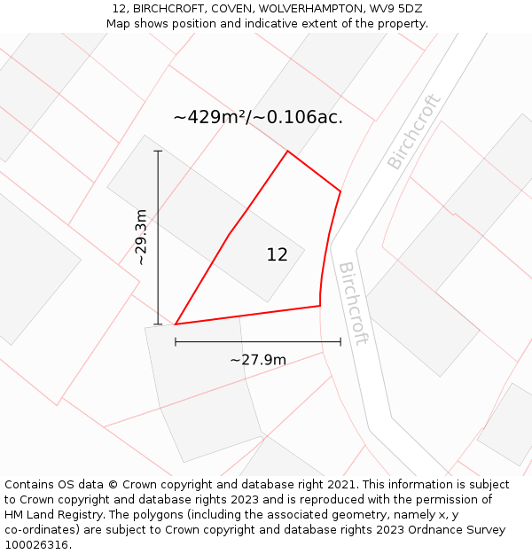12, BIRCHCROFT, COVEN, WOLVERHAMPTON, WV9 5DZ: Plot and title map