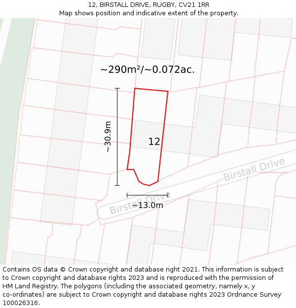 12, BIRSTALL DRIVE, RUGBY, CV21 1RR: Plot and title map