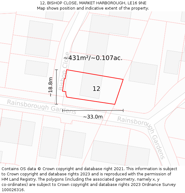 12, BISHOP CLOSE, MARKET HARBOROUGH, LE16 9NE: Plot and title map