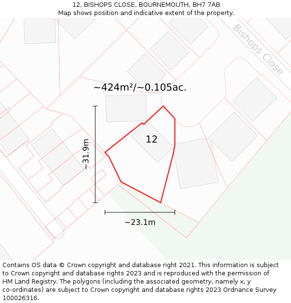 12, BISHOPS CLOSE, BOURNEMOUTH, BH7 7AB: Plot and title map