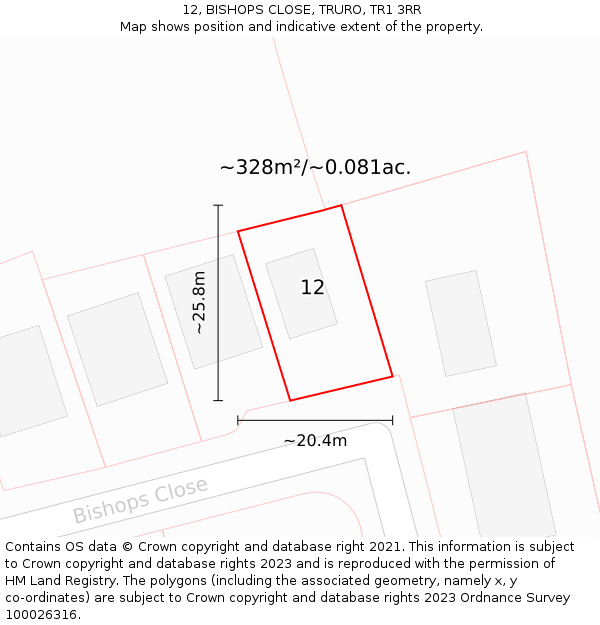 12, BISHOPS CLOSE, TRURO, TR1 3RR: Plot and title map