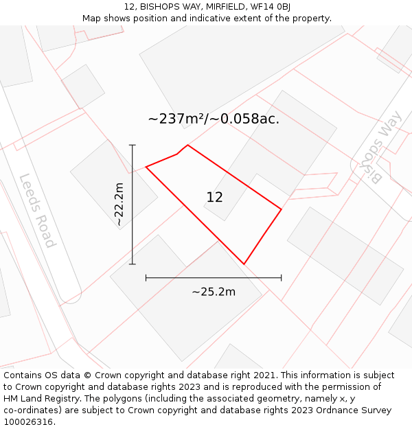 12, BISHOPS WAY, MIRFIELD, WF14 0BJ: Plot and title map
