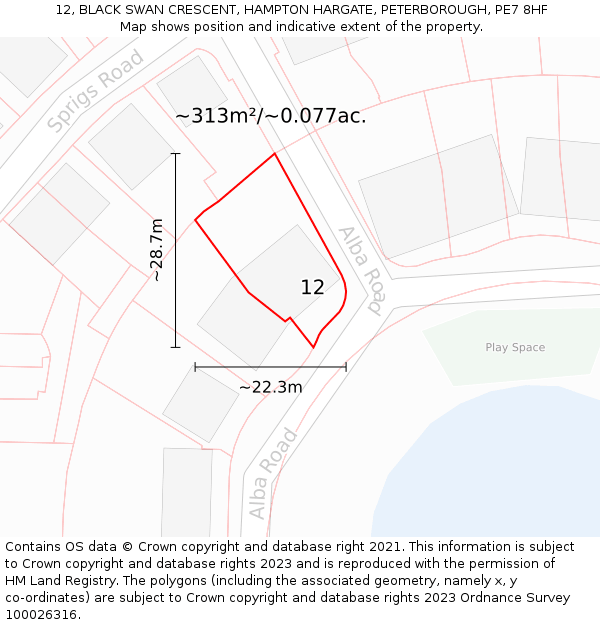 12, BLACK SWAN CRESCENT, HAMPTON HARGATE, PETERBOROUGH, PE7 8HF: Plot and title map