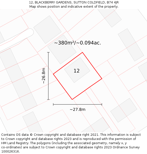 12, BLACKBERRY GARDENS, SUTTON COLDFIELD, B74 4JR: Plot and title map