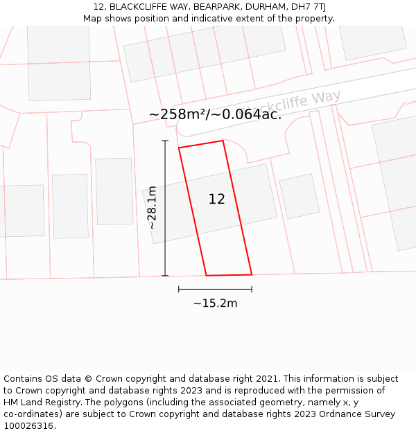 12, BLACKCLIFFE WAY, BEARPARK, DURHAM, DH7 7TJ: Plot and title map