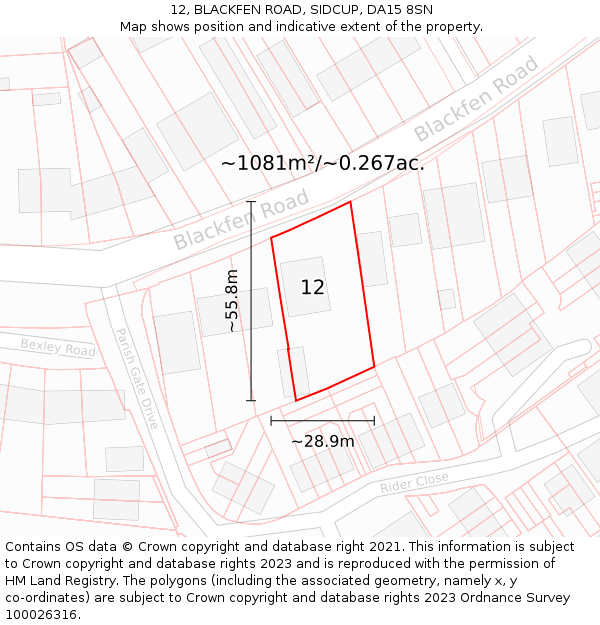 12, BLACKFEN ROAD, SIDCUP, DA15 8SN: Plot and title map