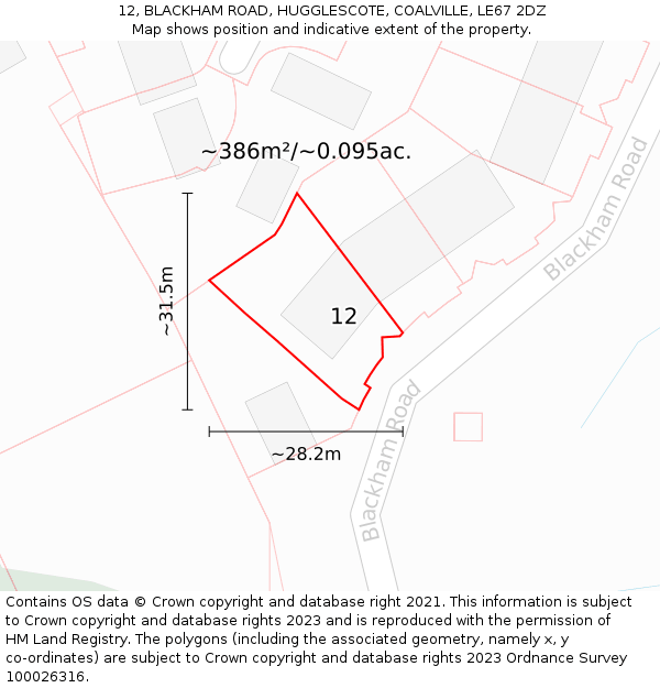 12, BLACKHAM ROAD, HUGGLESCOTE, COALVILLE, LE67 2DZ: Plot and title map