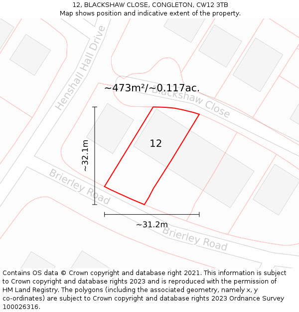 12, BLACKSHAW CLOSE, CONGLETON, CW12 3TB: Plot and title map
