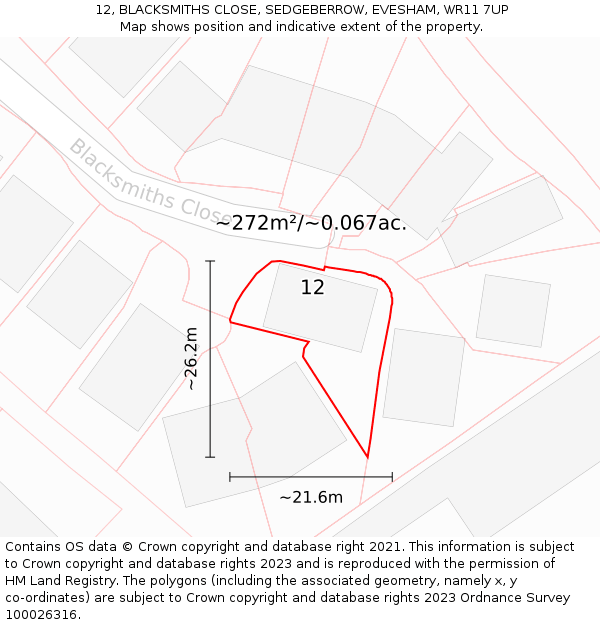 12, BLACKSMITHS CLOSE, SEDGEBERROW, EVESHAM, WR11 7UP: Plot and title map