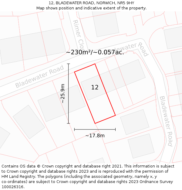 12, BLADEWATER ROAD, NORWICH, NR5 9HY: Plot and title map