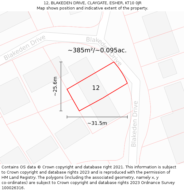 12, BLAKEDEN DRIVE, CLAYGATE, ESHER, KT10 0JR: Plot and title map