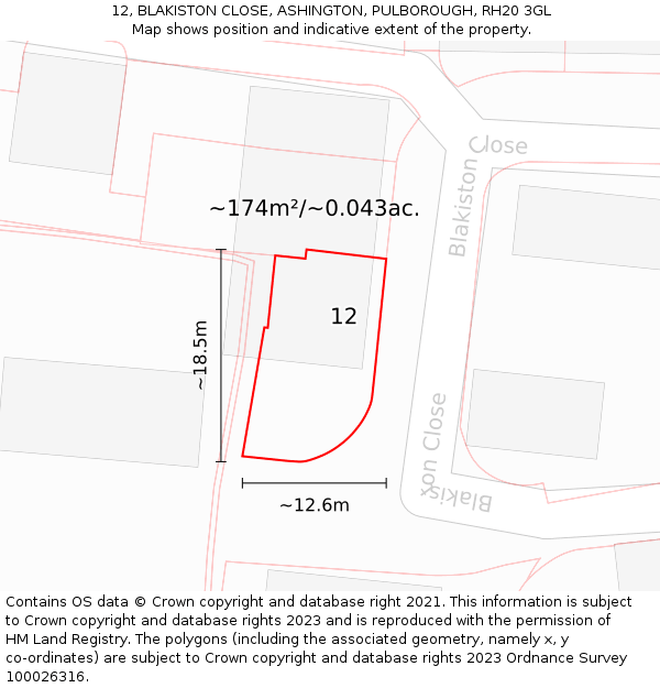 12, BLAKISTON CLOSE, ASHINGTON, PULBOROUGH, RH20 3GL: Plot and title map