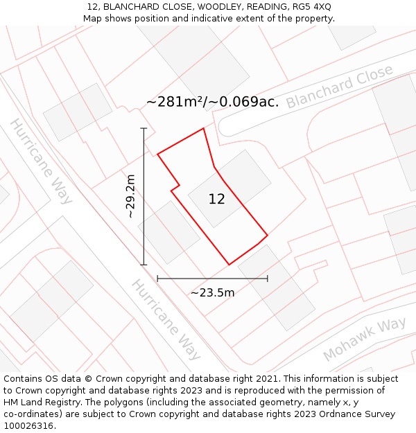 12, BLANCHARD CLOSE, WOODLEY, READING, RG5 4XQ: Plot and title map