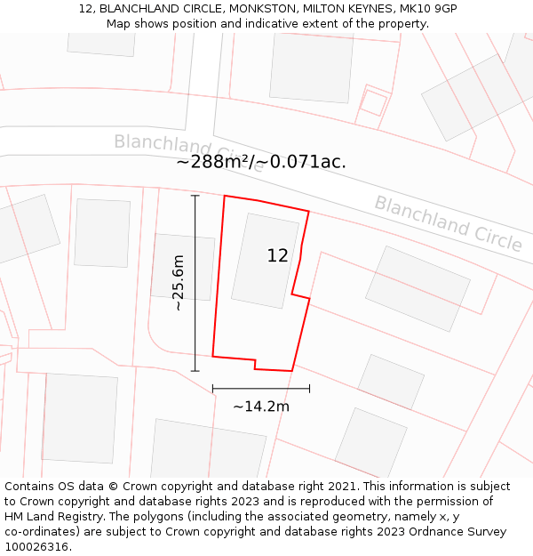12, BLANCHLAND CIRCLE, MONKSTON, MILTON KEYNES, MK10 9GP: Plot and title map